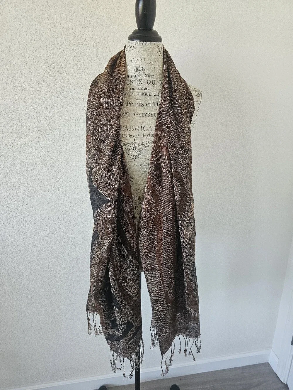 ​Vintage Earth Tone Paisley Pashmina Shawl – Bronze & Chocolate Large Wrap​